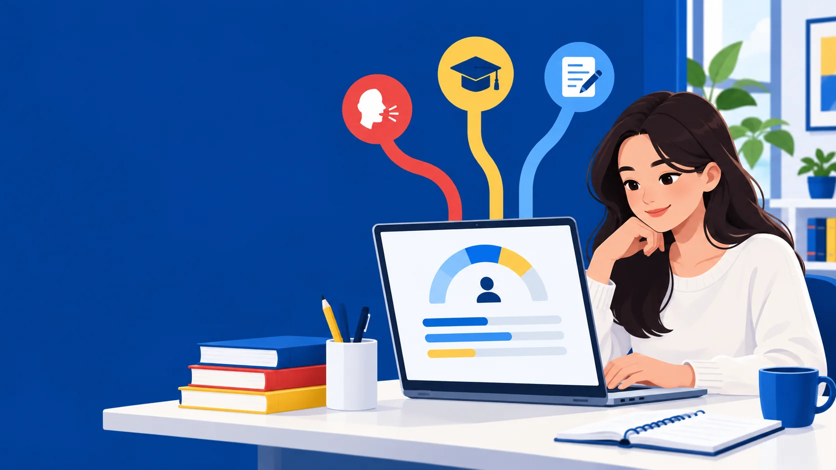 Ilustrasi peserta memeriksa level bahasa Inggris melalui evaluasi online