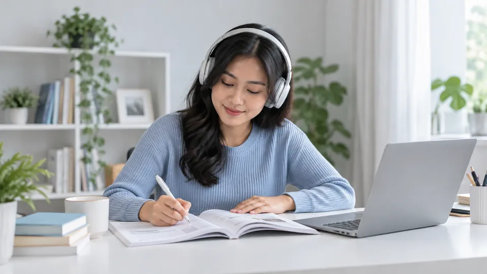 Ilustrasi belajar Reading dan Listening dengan headphone