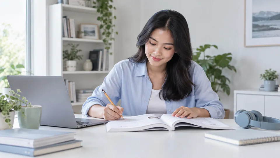 Ilustrasi belajar soal TOEFL dengan buku latihan