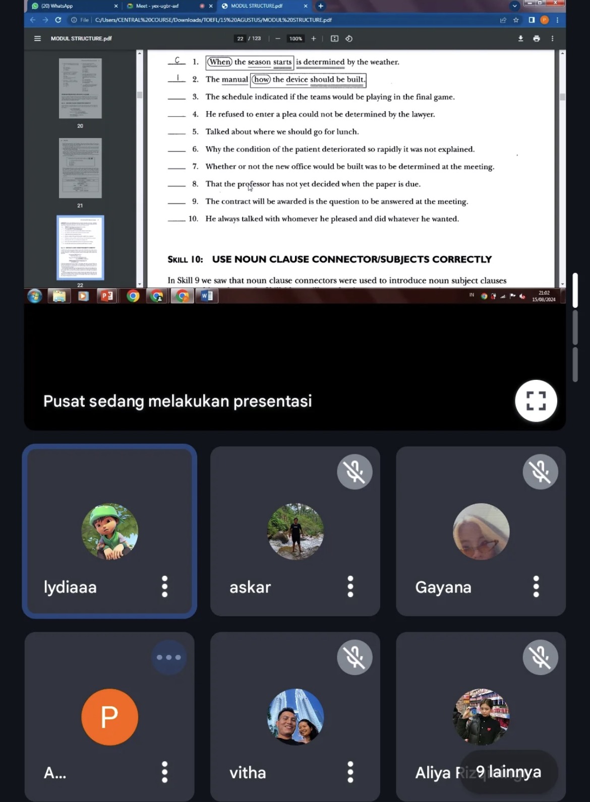 Dokumentasi pembahasan TOEFL Structure dalam kelas online